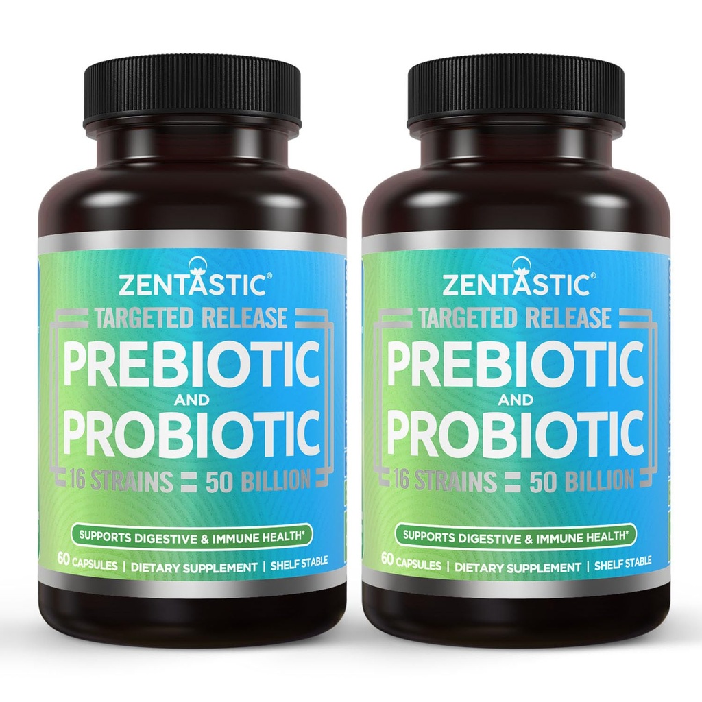 Zentastic Probiotics & Prebiotics Supplement - 50 Δισεκατομμύρια CFU - για την Ανοσοποιητική & Πεθητική Υγεία Ανδρών & Γυναικών - 16 Στελέχη - Ράφι Σταθερό - 120 Καθυστερημένες Κάψουλες Απελευθέρωσης