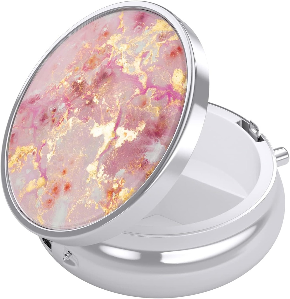 Nipichsha Pill Box, Small Pill Case for Purse & Pocket, Cute Travel Medicine Organizer, Portable Medicine Container Holder to Hold Vitamins, Medication, Fish Oil & Supplement, Gold Pink Marble