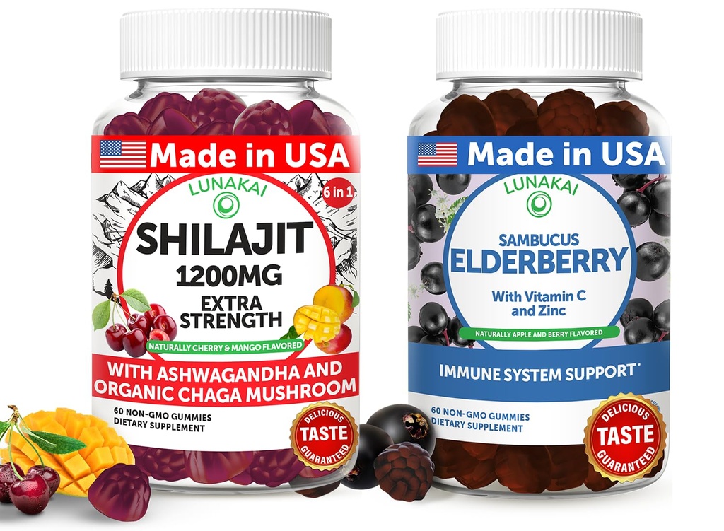 Lunakai USA Made Shilajit & Elderberry Gummies Bundle – Ενέργεια και ανοσοποιητική υποστήριξη – Μη ΓΤΟ & Νοστιμότατο