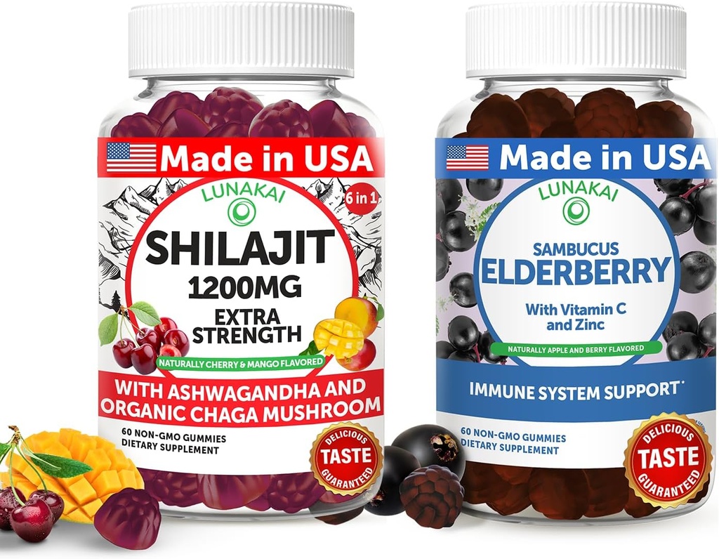 Lunakai USA Made Shilajit & Elderberry Gummies Bundle – Ενέργεια και ανοσοποιητική υποστήριξη – Μη ΓΤΟ & Νοστιμότατο