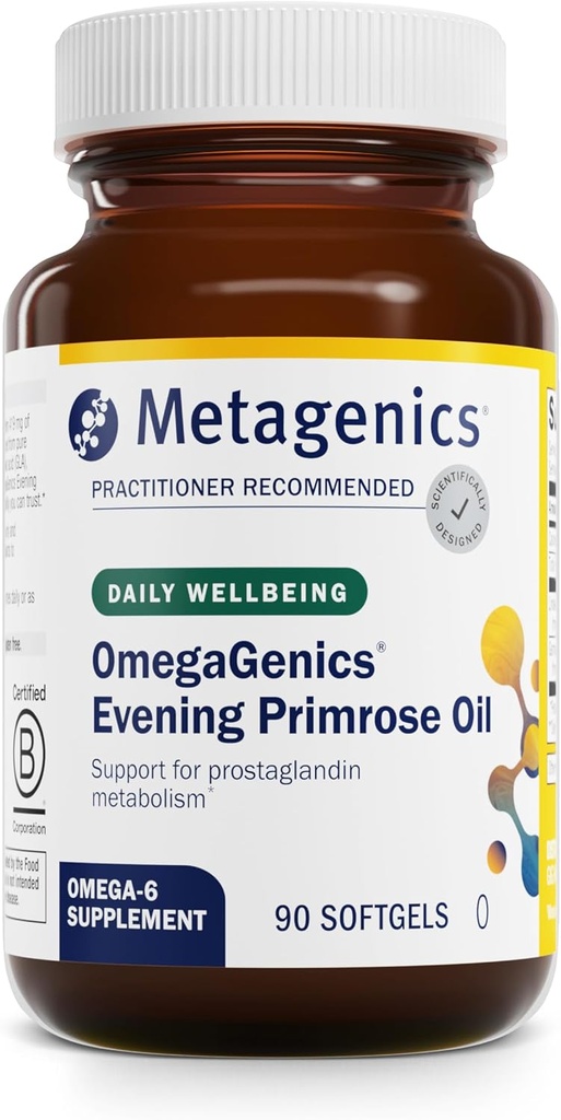 Μεταγονική OmegaGenics Evening Primrose Oil - 419 mg Omega-6 με 50 mg GLA - Υποστηρίζει το δέρμα, την ορμονική, PMS, την εμμηνόπαυση και την ανοσοποιητική υγεία * - Μη-GMO, χωρίς γλουτένη - GMP Certified Facility - 90 Softgels