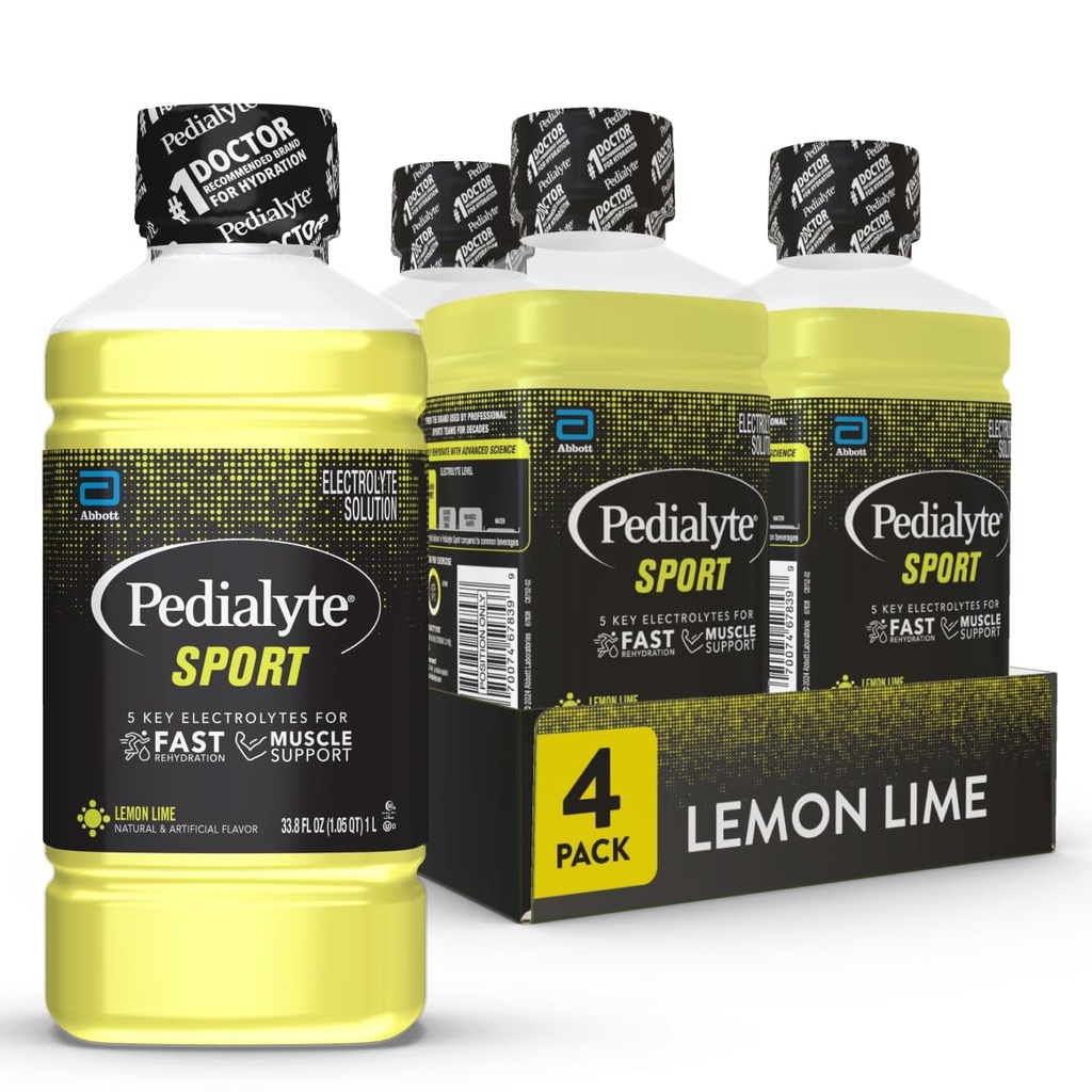 Pedialyte Sport Ηλεκτρολυτικό Ποτό, Γρήγορη Ενυδάτωση με 5 Ηλεκτρόλυτες για την υποστήριξη μυών πριν, κατά τη διάρκεια, & μετά την άσκηση, Λεμόνι Lime, 1 Λίτρο, Συσκευασία των 4