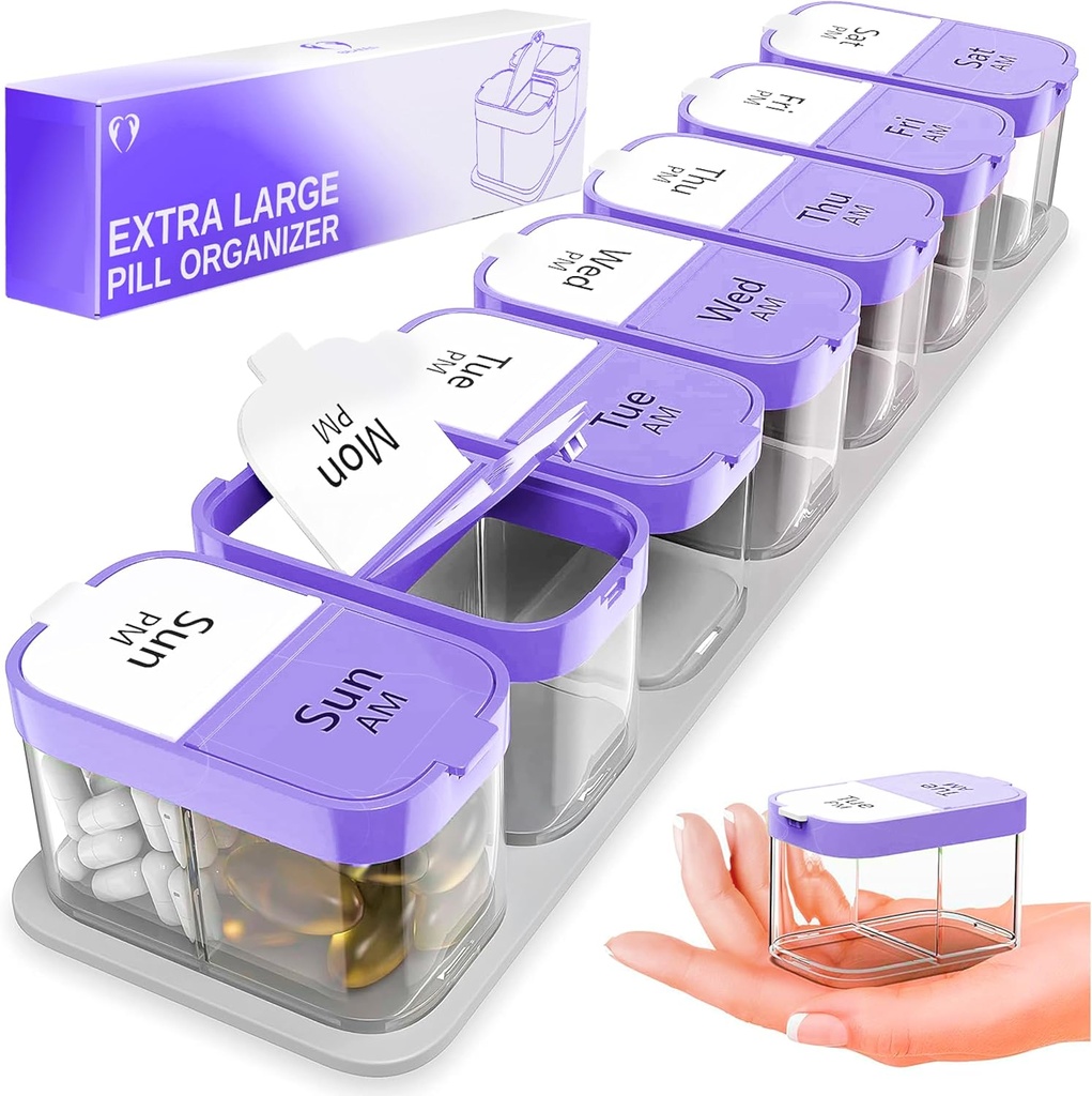 Extra Large Weekly Pill Organizer - XL Vitamin Holder με 7 αποσπώμενα διαμερίσματα AM PM - Φορητό φαρμακείο για το σπίτι και τα ταξίδια, Μεγάλο συμπλήρωμα εμπορευματοκιβωτίων για καθημερινή ή εβδομαδιαία χρήση, μοβ