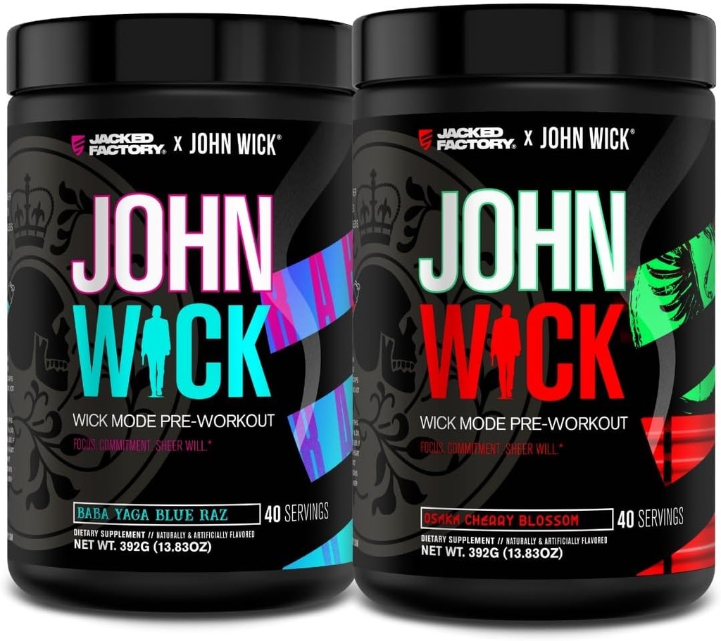 Jacked Factory X John Wick - Wick Mode Pre Workout Powder - Έντονη ενέργεια, Battle-ready Focus, Ασταμάτητη Δέσμευση, και Sheer Will - Baba Yaga Blue Raz & Osaka Cherry Blossom (80 Υπηρεσίες)