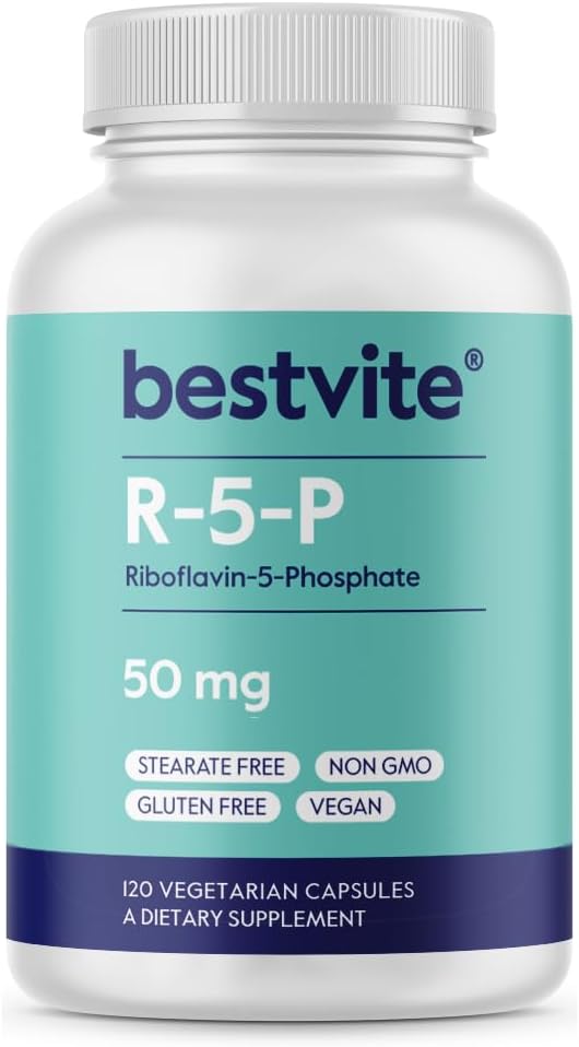 BESTVITE Ριβοφλαβίνη-5-Φωσφορικό 50mg (120 κάψουλες χορτοφάγων) - Όχι Stearates - Vegan - Μη ΓΤΟ - Χωρίς γλουτένη - Βιοενεργή μορφή βιταμίνης Β2