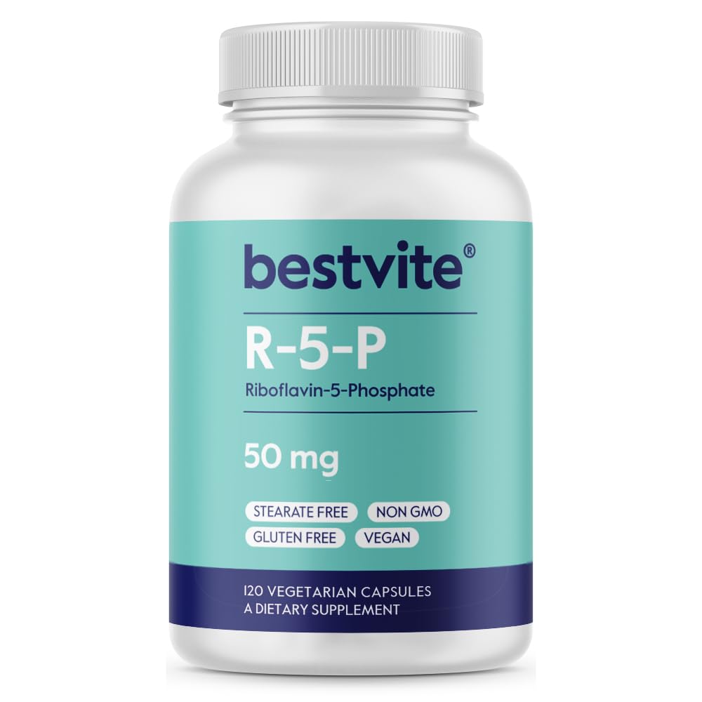 BESTVITE Ριβοφλαβίνη-5-Φωσφορικό 50mg (120 κάψουλες χορτοφάγων) - Όχι Stearates - Vegan - Μη ΓΤΟ - Χωρίς γλουτένη - Βιοενεργή μορφή βιταμίνης Β2