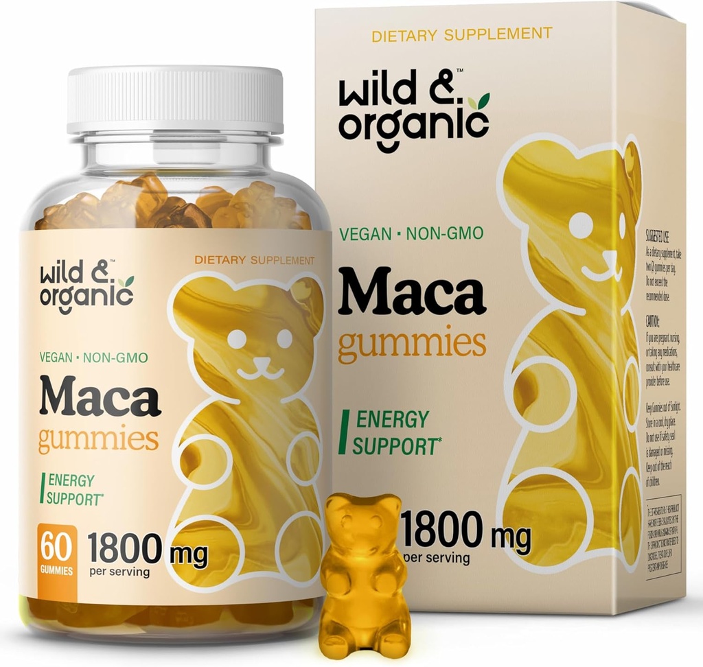 Wild & Organic Maca Root Gummies 1800mg - Yellow, Red, Black Maca Powder Chews for Overall and Mood Support - Peruvian Supplement for Men and Women - 60 Vegan, Non-GMO Gummies