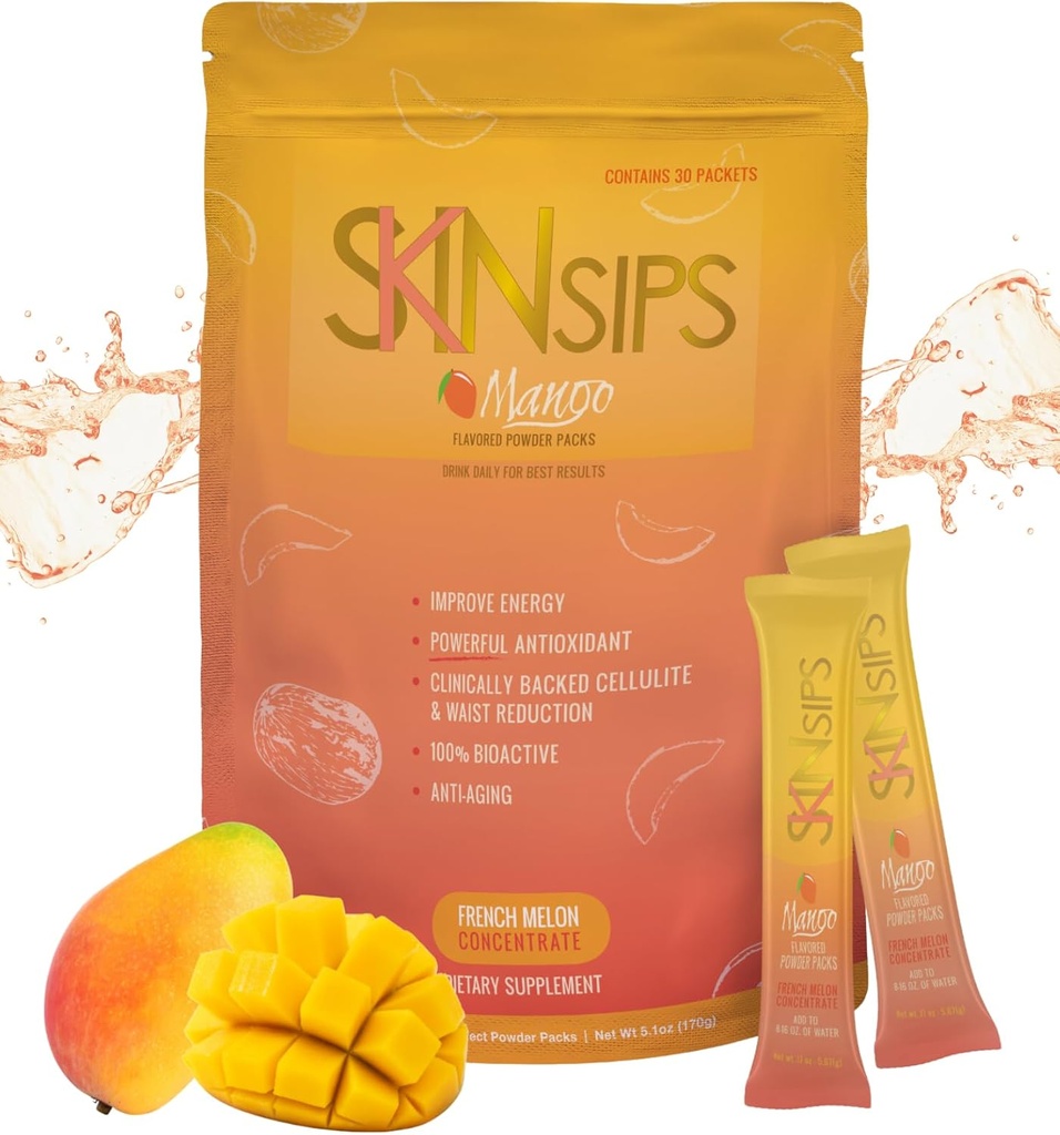 Skin Health & Energy Boost Drink Mix- Sugar Free, SOD B (TM), Antioxidants from French Melon Concentrate, On The Go Stick Packs, Mango, 30 Pack