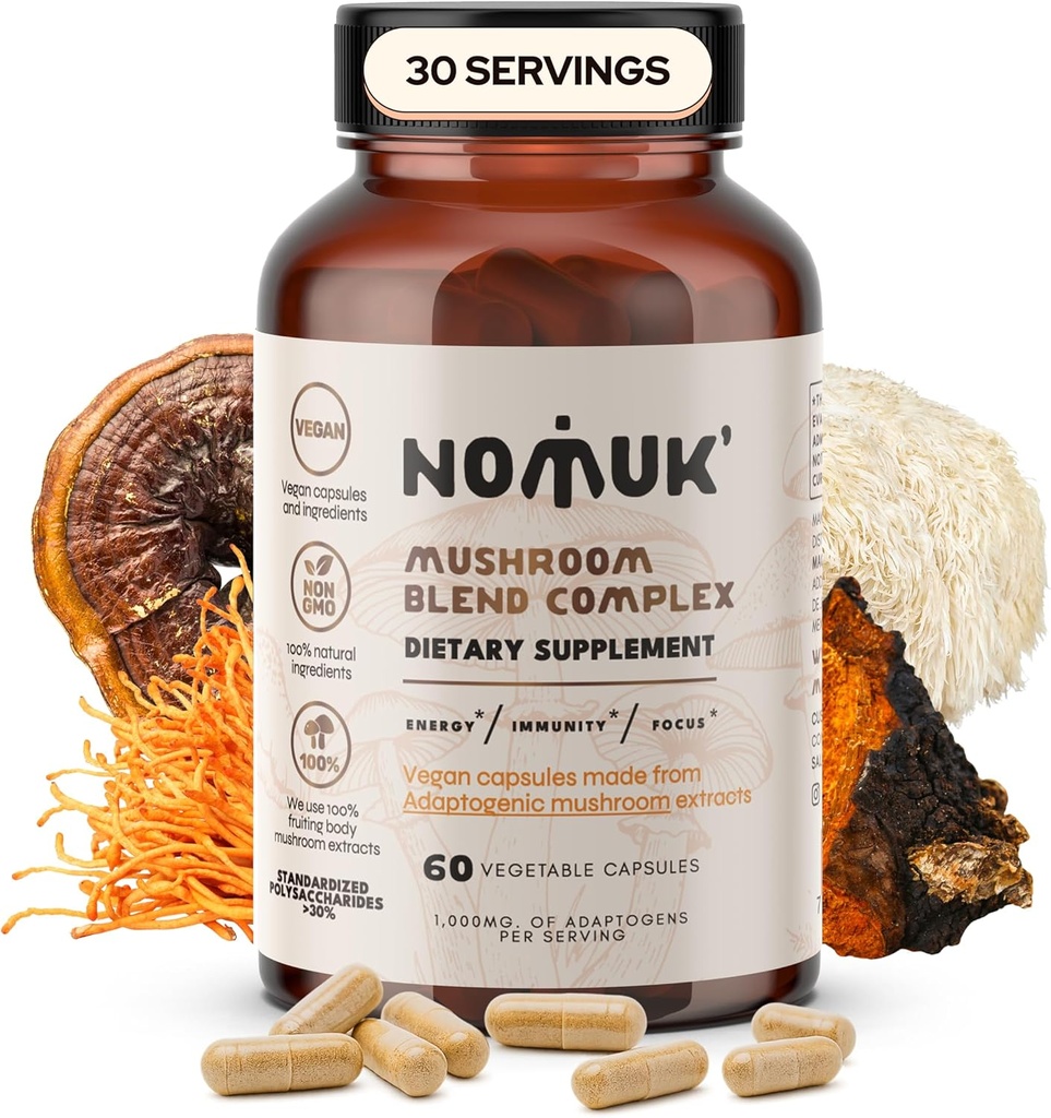 Adaptogenic Mushroom Extract Blend Lions Mane, Reishi, Cordyceps, συμπλήρωμα Chaga, 60 κάψουλες.