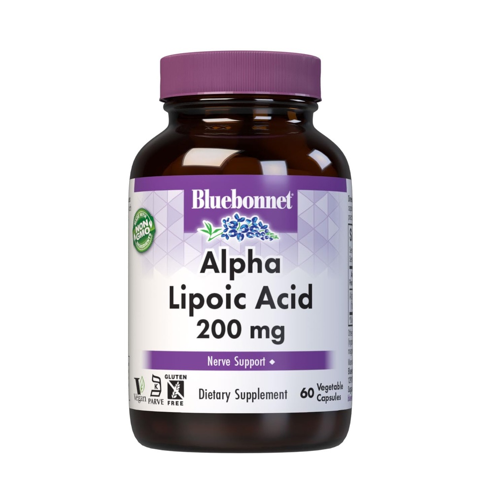 Bluebonnet Alpha Lipoic Acid 200mg - Powerful Antioxidant Nerve Support Supplement - For Women & Men Daily - Non-GMO, Vegan, Kosher - Gluten-Free, Soy-Free, Dairy-Free - 60 Vegetable Capsules