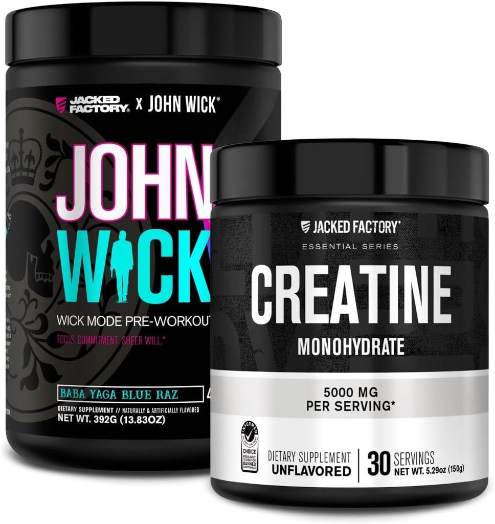 Jacked Factory X John Wick - Wick Mode Pre Workout Powder (Baba Yaga Blue Raz, 40 Servings) & Creatine Monohydrate Powder (Άγευστη, 30 Services)