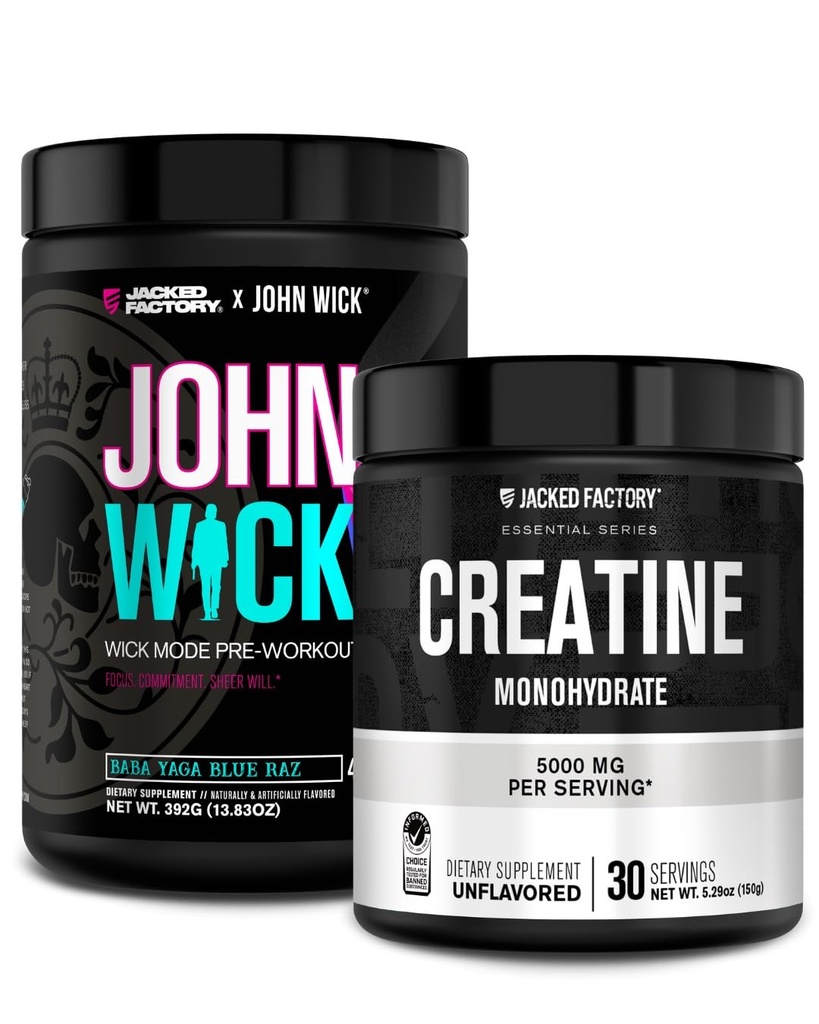Jacked Factory X John Wick - Wick Mode Pre Workout Powder (Baba Yaga Blue Raz, 40 Servings) & Creatine Monohydrate Powder (Άγευστη, 30 Services)