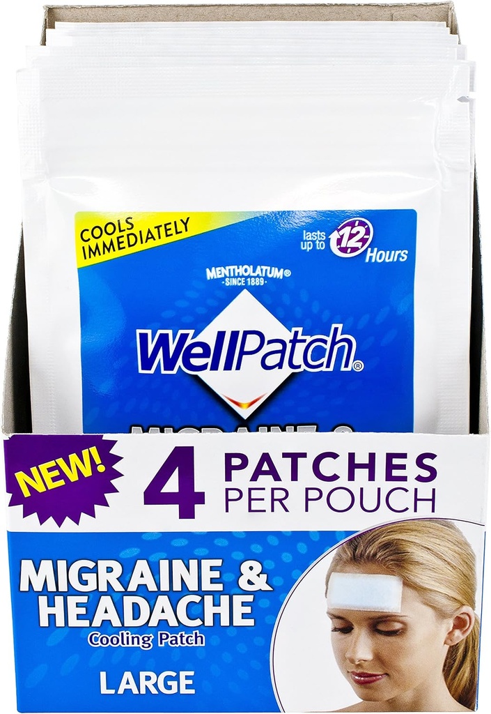 WellPatch Ημικρανία & Πονοκέφαλος Ψύξη Patch - Χωρίς φάρμακα, διαρκεί έως 12 ώρες, Ασφαλής στη χρήση με φαρμακευτική αγωγή - Μεγάλα Patches (4 συσκευασίες των 4 Patches), Κάθε 4,3 x 2 in