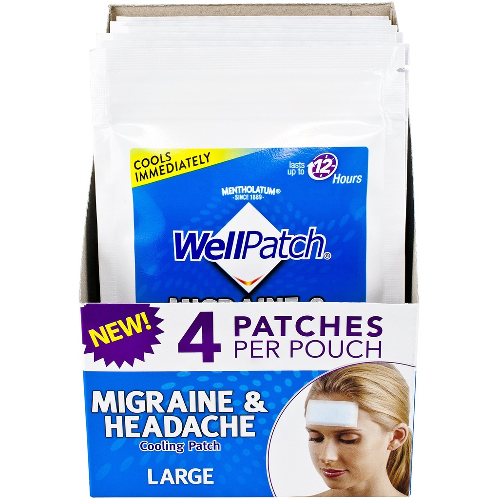 WellPatch Ημικρανία & Πονοκέφαλος Ψύξη Patch - Χωρίς φάρμακα, διαρκεί έως 12 ώρες, Ασφαλής στη χρήση με φαρμακευτική αγωγή - Μεγάλα Patches (4 συσκευασίες των 4 Patches), Κάθε 4,3 x 2 in