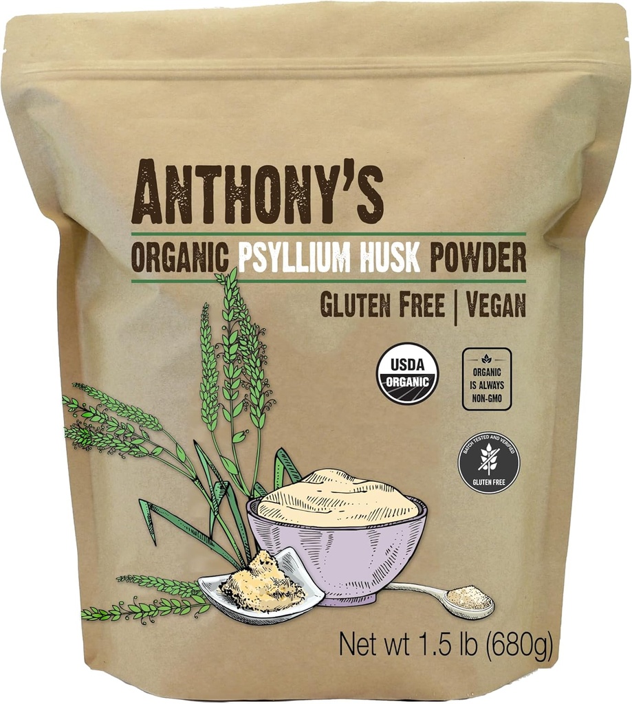 Βιολογικό Psyllium Husk σκόνη του Anthony, 1,5 lb, χωρίς γλουτένη, μη ΓΤΟ, λεπτό έδαφος, Keto φιλικό