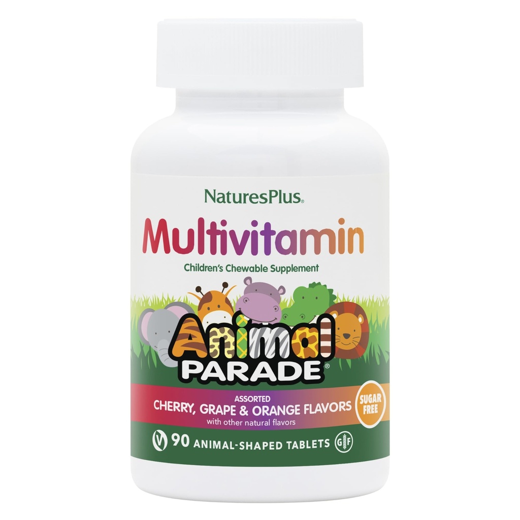 NaturesPlus Animal Parade Sugar-Free Παιδική Πολυβιταμίνη - Ποικιλία Τσέρι, Σταφύλι & Πορτοκαλί Γεύσεις - Συσκευασία των 2, 90 Μασώμενα Δισκία - 90 Σύνολο Σερβιέτες