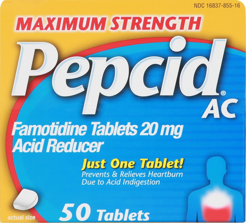 Pepcid AC μέγιστη δύναμη Heartburn Relief Tablets, OTC Medicine Αποτρέπει & Ανακουφίζει Heartburn Λόγω της οξείας δυσπεψίας & Sour Stomach, 20mg Famotidine Acid Reucer, ταχείας δράσης, 50 ct