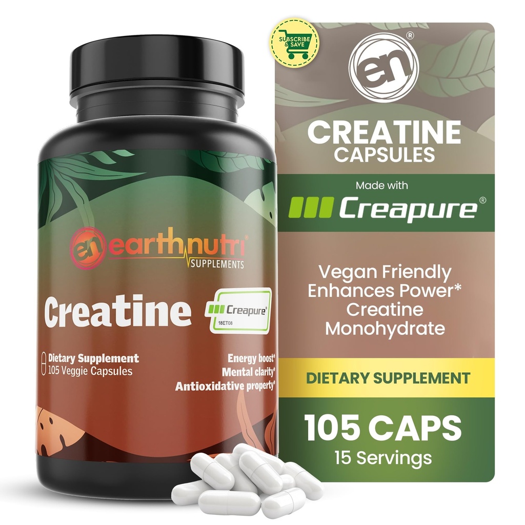 EarthNutri Creatine Monohydrate Κάψουλες - Μικρονωμένα για Καλύτερη Απορρόφηση - Υποστηρίζει μυϊκή δύναμη, δύναμη & ανάκτηση - 105 κάψουλες (5000mg ανά υπηρεσία, 7 κάψουλες)