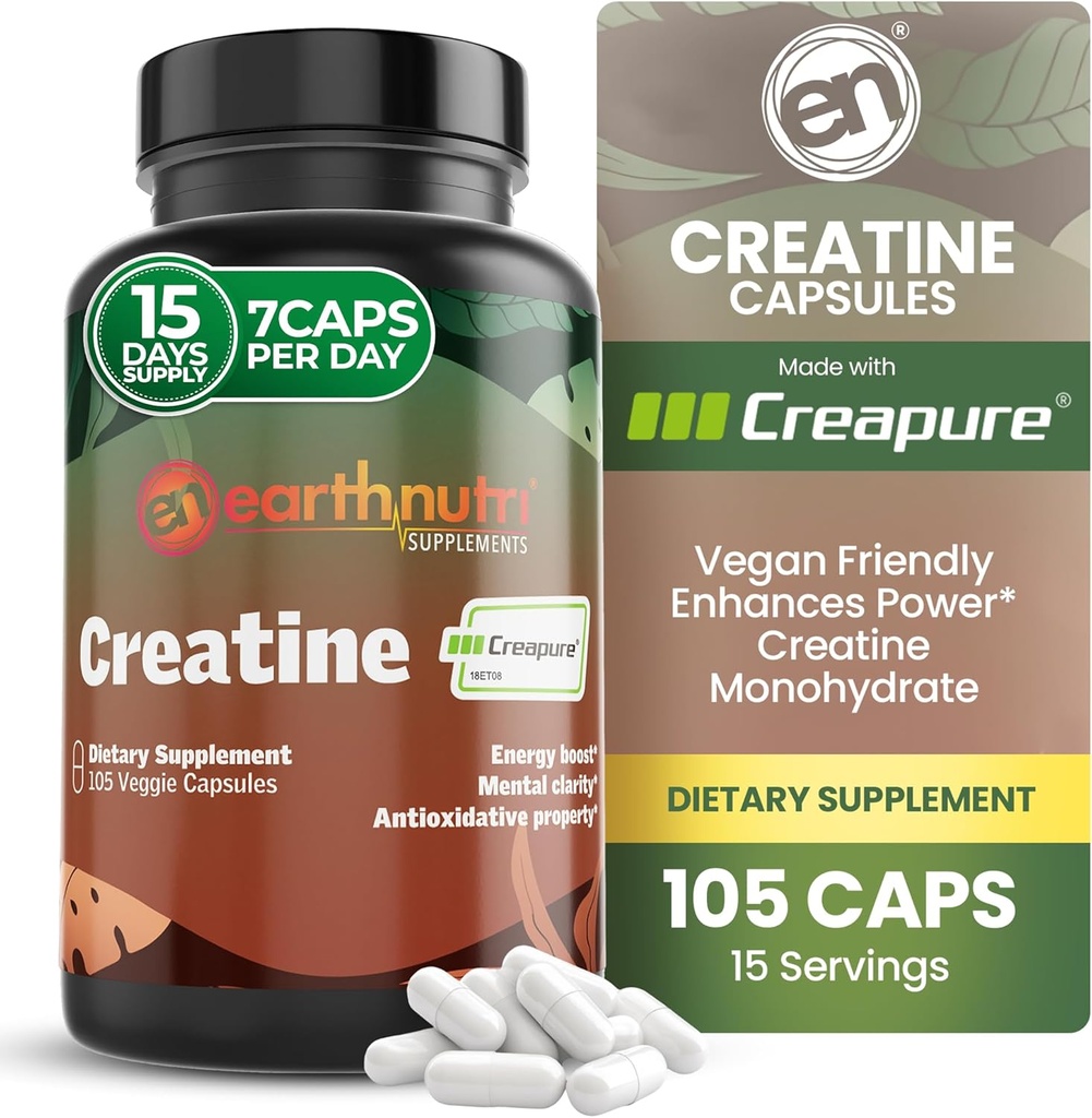 EarthNutri Creatine Monohydrate Capsules - Micronized for Better Absorption - Supports Muscle Strength, Strength & Recovery - 105 Capsules (5000mg per Serving, 7 Capsules)