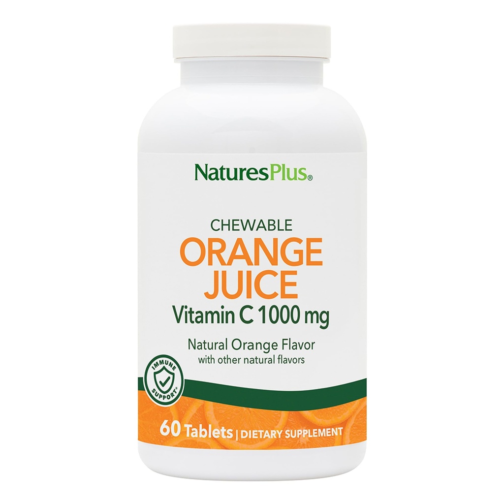 NaturesPlus Πορτοκαλί Χυμός - 60 Μασώμενα Δισκία - 1000mg Βιταμίνη C - Συμπλήρωμα Υποστήριξης Ανοσοποιητικού Υψηλής ισχύος, Αντιοξειδωτικό - Vegan, Χωρίς Γλουτένη - 60 Σερβιέτες