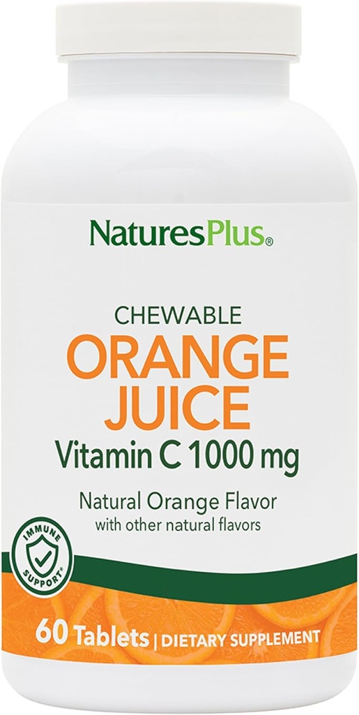 NaturesPlus Orange Juice - 60 Chewable Tablets - 1000mg Vitamin C - High-Potency Immune Support Supplement, Antioxidant - Vegan, Gluten Free - 60 Servings
