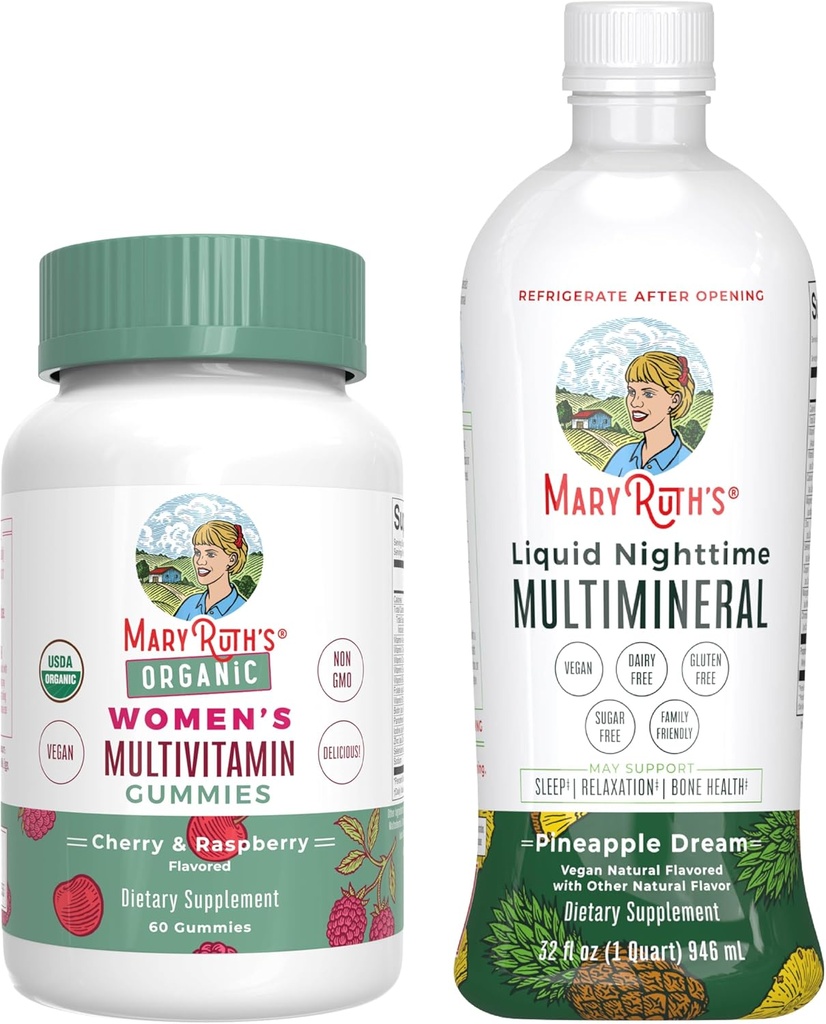 Multivitamin Gummies της MaryRuth για γυναίκες (Cherry & Raspberry) & Liquid Nighttime Multimineral (Pineapple) 