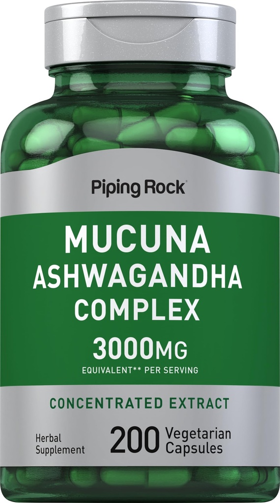 Piping Rock Mucuna Ashwagandha | 200 Capsules | Complex Extract Supplement for Women and Men | Vegetarian, Non-GMO, Gluten Free
