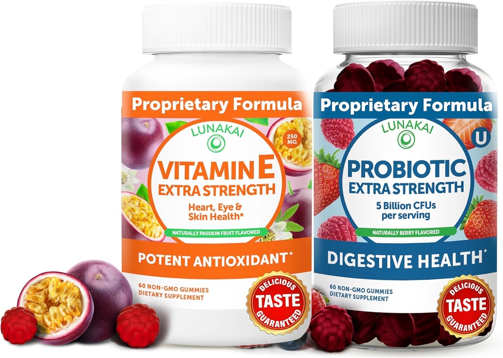 Lunakai Vitamin E και Probiotic Gummies Bundle - 3000 mcg Gummies for Adults Energy Support - with 5 Billion CFUs Per Serving for Digestive Health - Non-GMO, All Natural