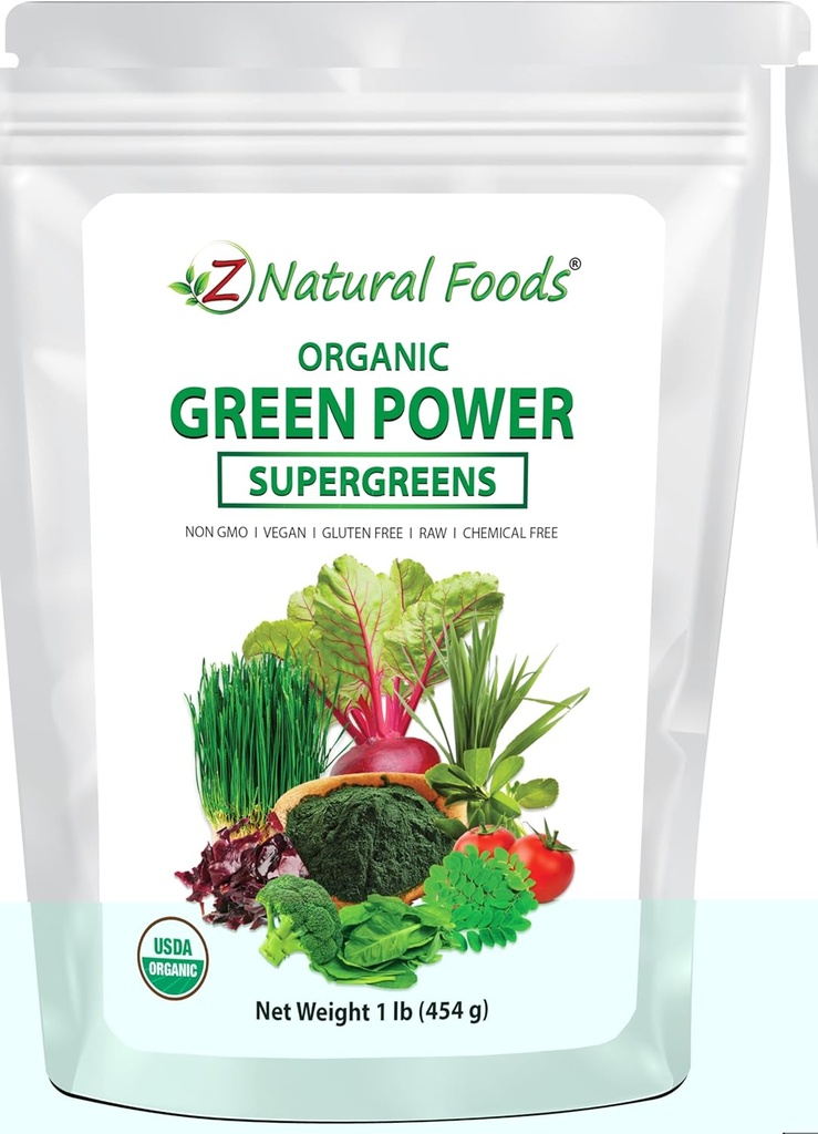 Z Natural Foods Organic Greens Superfood Powder - Burley Grass, Wheatgrass, Spirulina, Spinach, Broccoli, Alfalfa Leaf, Beet Root, Tomato, Dulse & Moringa - Ακατέργαστη Vegan Gluten Free - 1lb