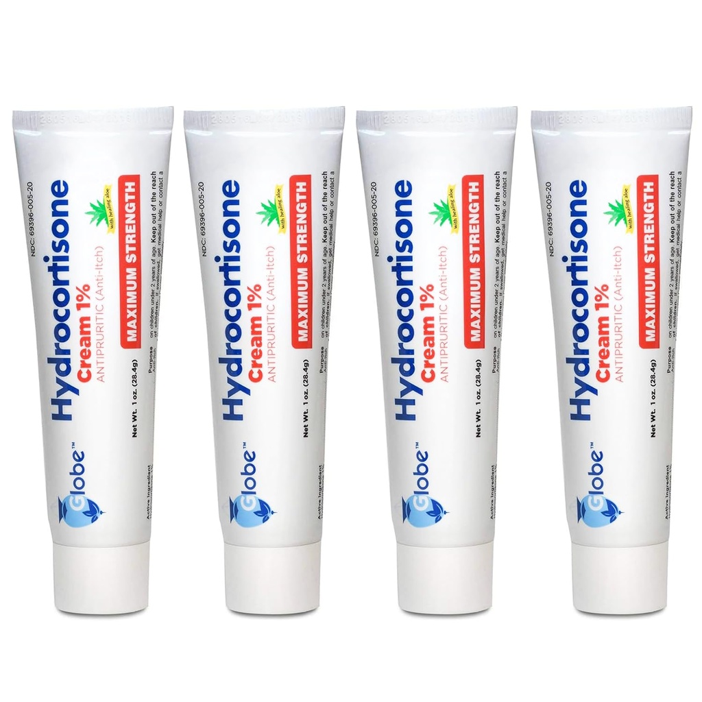 Globe (4 Pack) Hydrocortisone Μέγιστη Δύναμη Anti-Itch Cream 1% w/Aloe, Εντατική Φόρμουλα για την ερυθρότητα, εξάνθημα, bug & Mosquito Bites, Eczema, αιμορροΐδες, ευαίσθητο δέρμα, Instant Itch Relief, 1 oz Tube