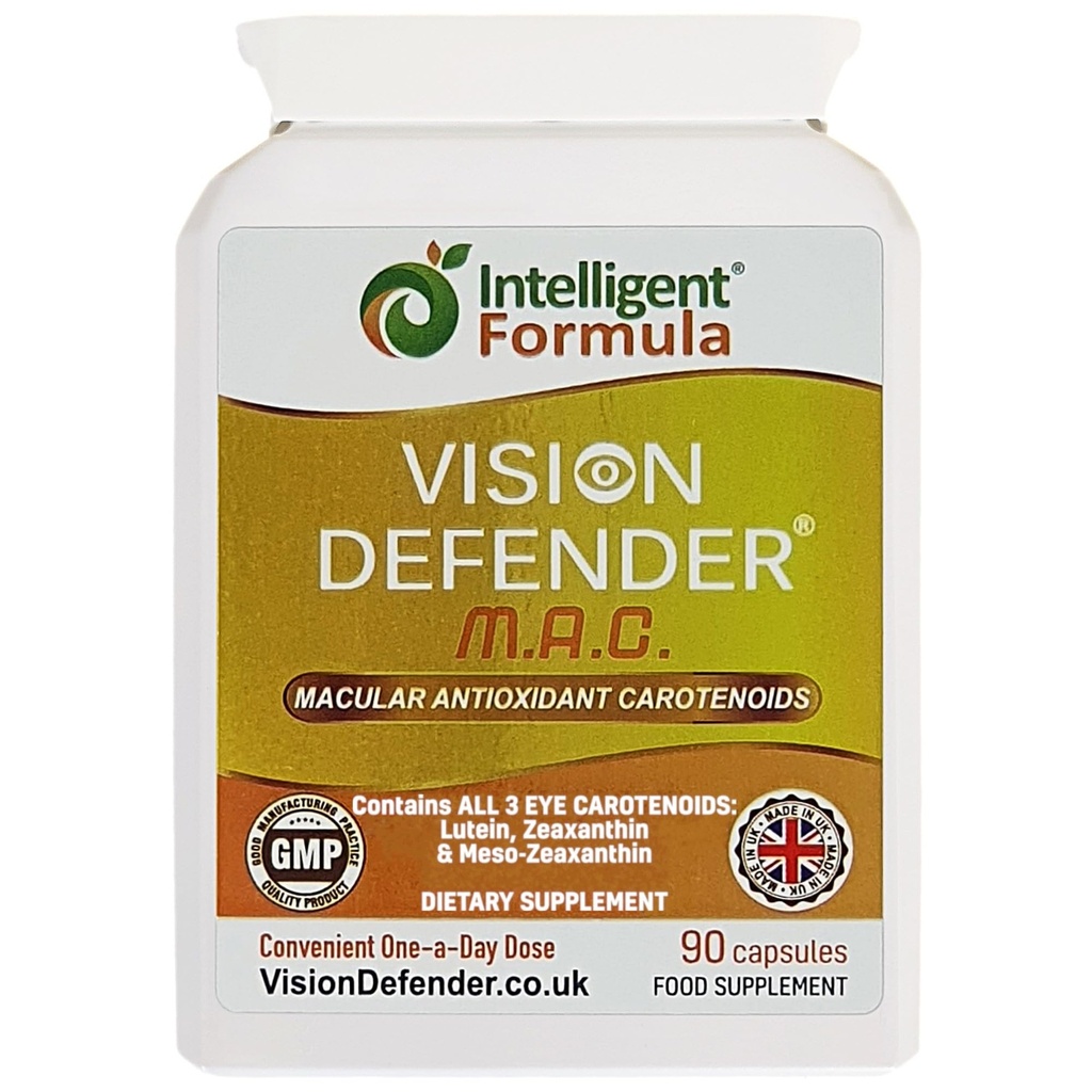Vision Defender MAC Eye Supplement: Λουτεΐνη, Ζεαξανθίνη & Μεσο-Ζεαξανθίνη Τρίκλινο Αντιοξειδωτικό Καροτενοειδή για την Υγεία των ματιών και την όραση (90 κάψουλες / μία κάψουλα καθημερινά) Made in UK