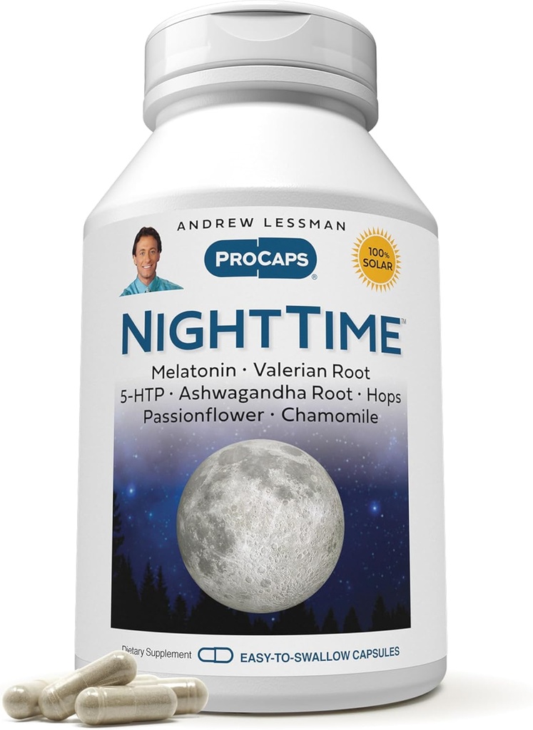 ANDREW LESSMAN Night Time 60 Κάψουλες - 3mg μελατονίνη, βαλεριάνα, Ashwagandha, Passionflower, λυκίσκος, χαμομήλι. Όχι Καλημέρα Γκρόγκινες. Φυσική Υποστήριξη, Ήπιος Ξεκούραστος Ύπνος. Εύκολο να καταπιείτε κάψουλες