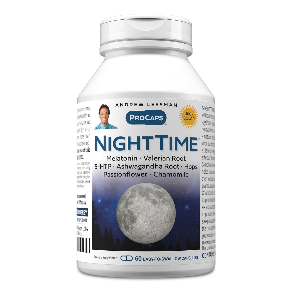ANDREW LESSMAN Night Time 60 Κάψουλες - 3mg μελατονίνη, βαλεριάνα, Ashwagandha, Passionflower, λυκίσκος, χαμομήλι. Όχι Καλημέρα Γκρόγκινες. Φυσική Υποστήριξη, Ήπιος Ξεκούραστος Ύπνος. Εύκολο να καταπιείτε κάψουλες