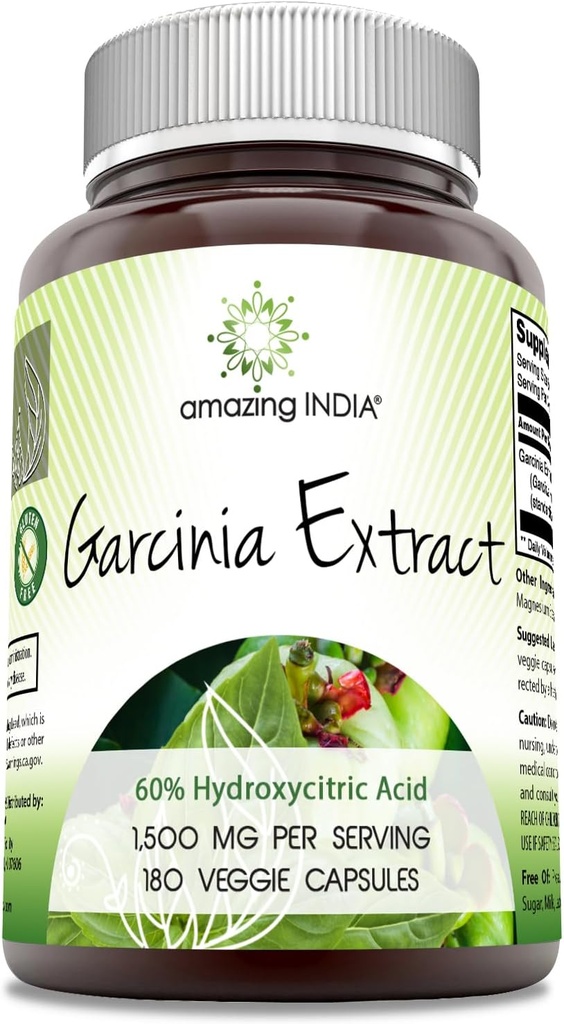 Amazing India Garcinia Extract Supplement | 1500 Mg Per Serving | 180 Veggie Capsules | Non-GMO | Gluten Free | Made in USA