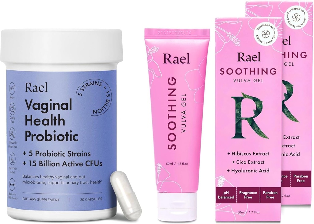 Rael Bundle - Probiotics Supplements for Women, Digestive Enzymes, Urinary Tract Health (30 Day Supply) & Soothing Vulva Gel - pH Balance Feminine Wash (1.7 Fl Oz, Pack of 2)