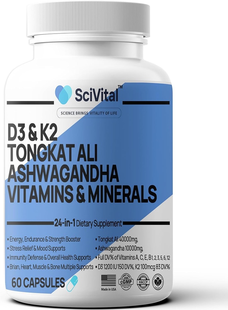 Ashwagandha 10000mg Tongkat Ali 40000mg συμπλήρωμα με πολυβιταμίνη D3 K2 - Υγεία & άγχος ανδρών, διάθεση, ενέργεια, υποστήριξη αντοχής - κάψουλες Ashwagandha Tongkat Ali για άνδρες ΗΠΑ - 60 κόμης