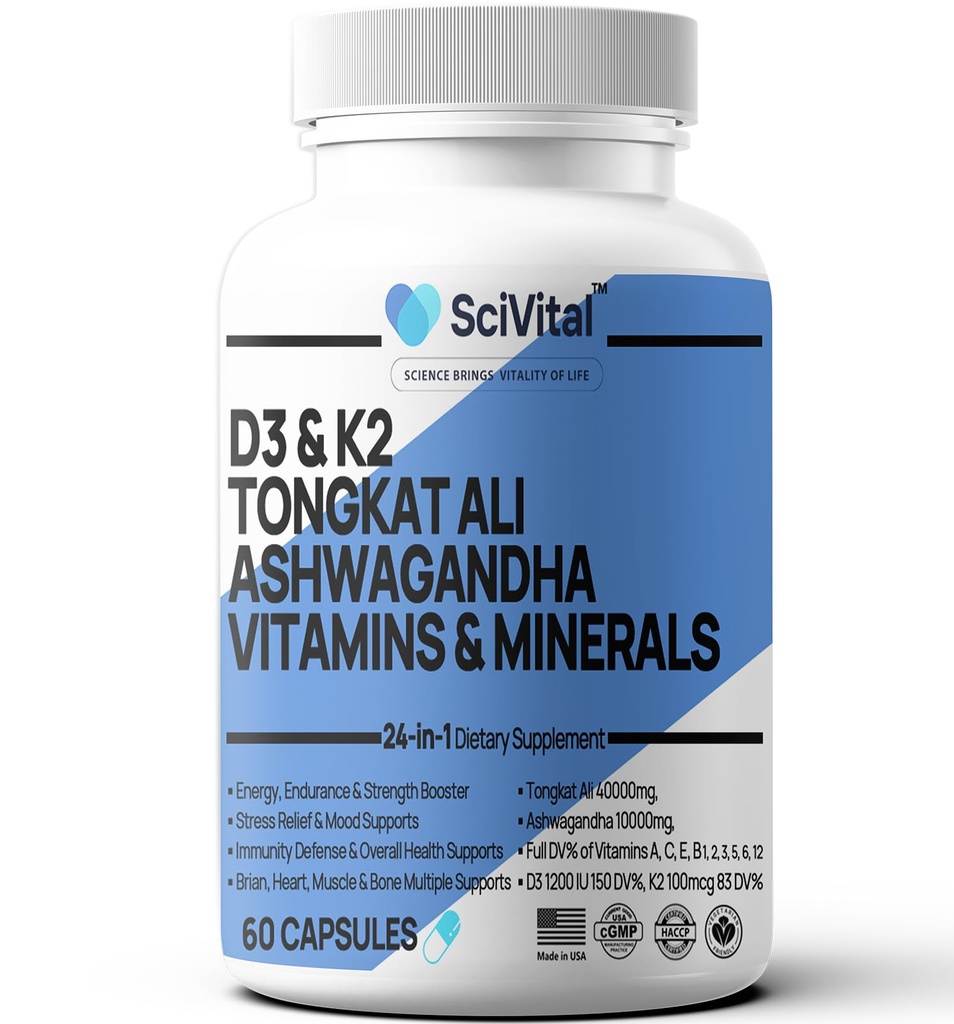 Ashwagandha 10000mg Tongkat Ali 40000mg συμπλήρωμα με πολυβιταμίνη D3 K2 - Υγεία & άγχος ανδρών, διάθεση, ενέργεια, υποστήριξη αντοχής - κάψουλες Ashwagandha Tongkat Ali για άνδρες ΗΠΑ - 60 κόμης