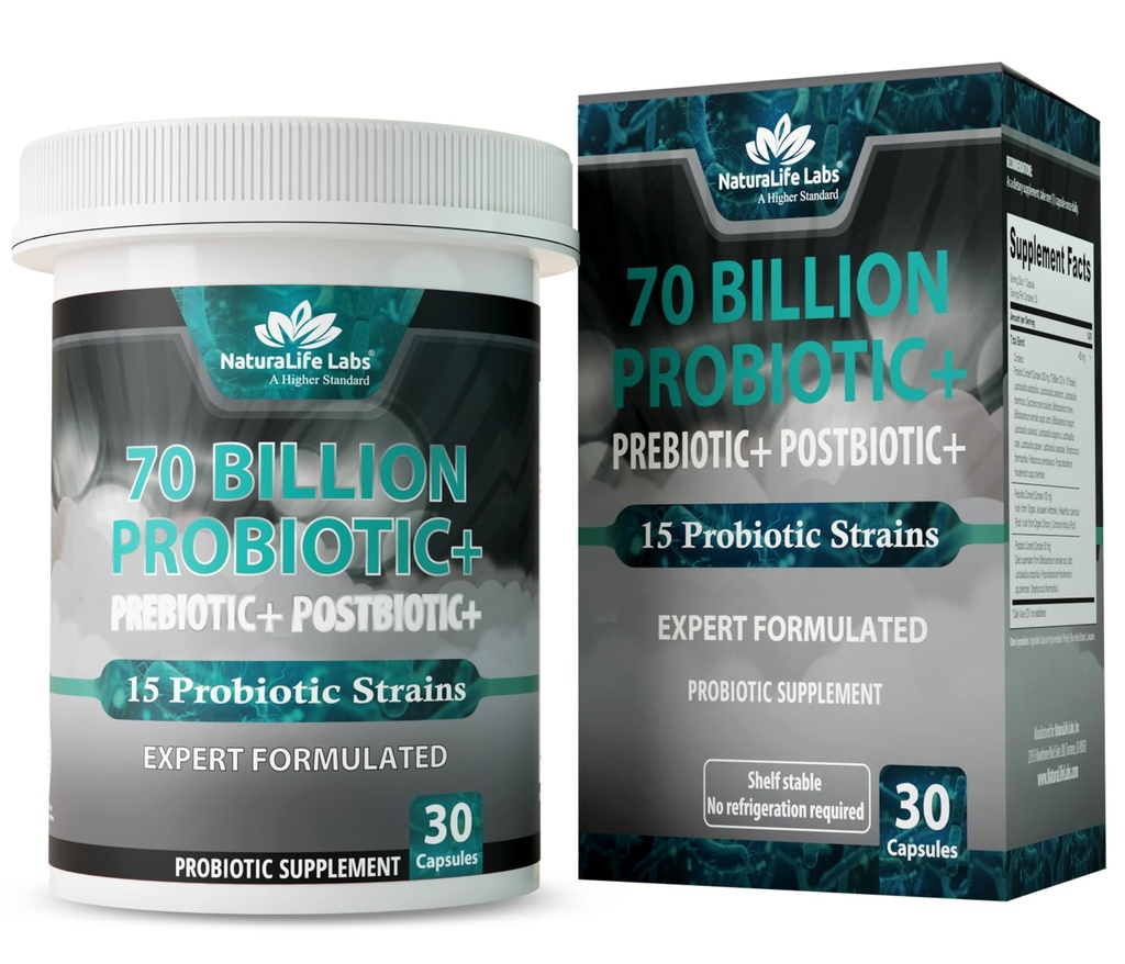 NaturaLife Labs Προβιοτικά 70 Δισεκατομμύρια CFU – 15 Στελέχη με Βιολογικά Προβιοτικά & Μεταβιοτικά – 3-σε-1 Φόρμουλα – 30 Κάψουλες Vegan