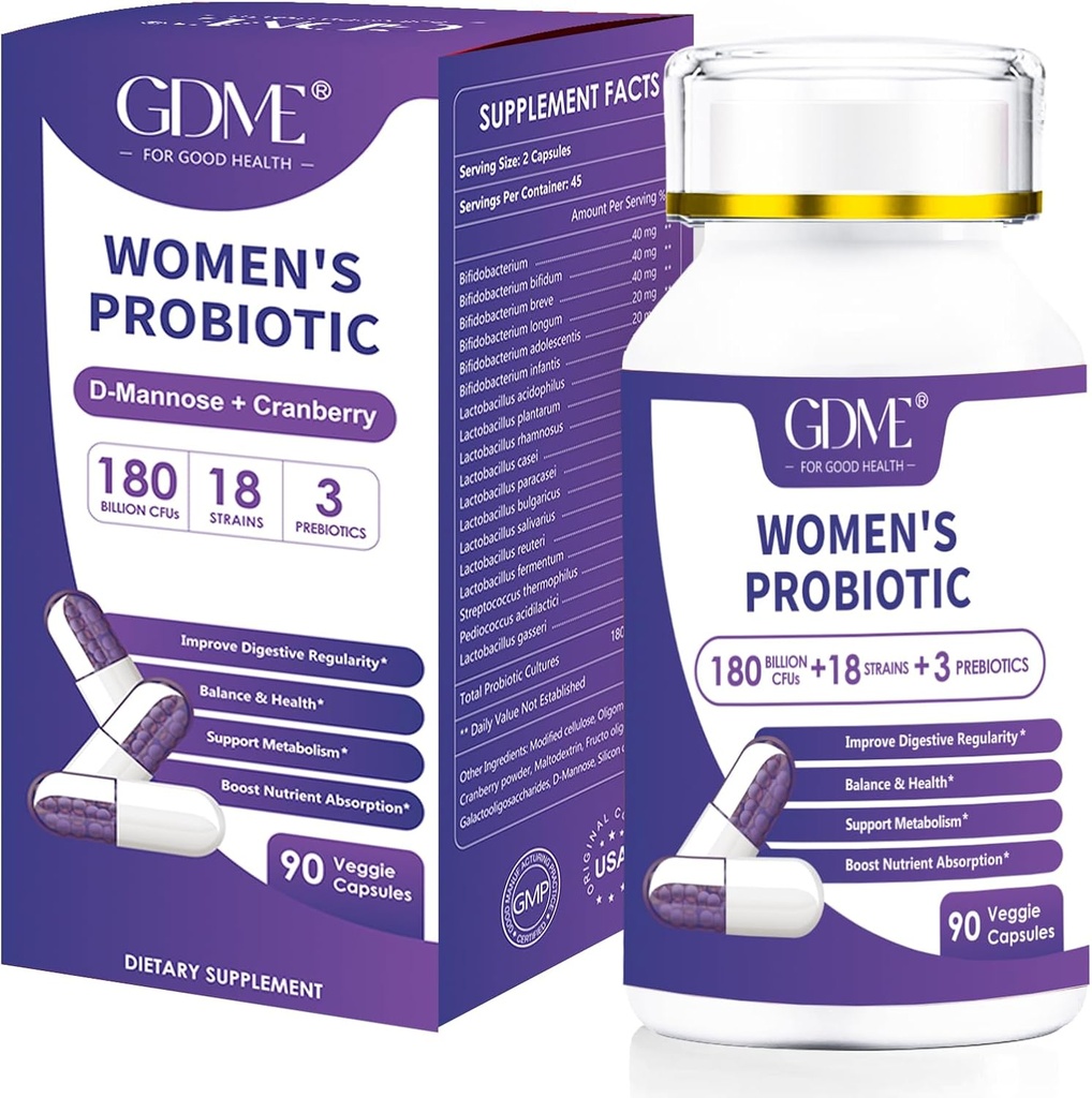 Probiotics 180 Billion CFU 18 Strains Contains Organic Prebiotic Cranberry Probiotic Supplement Digestion Immunity for Women's Health,Non Soy Gluten Dairy Free 90 Vegetarian Capsules