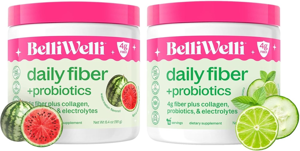 Belli Welli Daily Fiber Supplement Bundle - Cucumber Lime Mint & Watermelon - με κολλαγόνο, προβιοτικά & ηλεκτρολύτες - Αναζωογονητικά αρώματα ευεξίας, 32 Σύνολο εξυπηρετήσεων