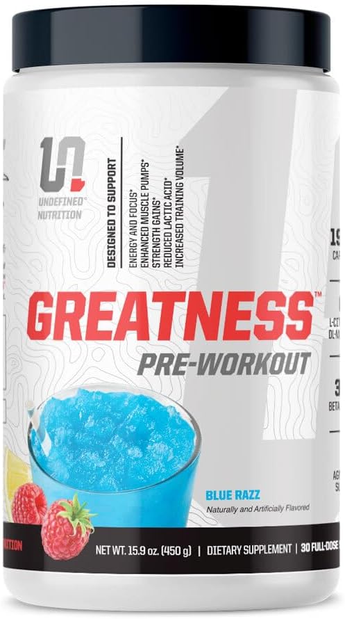 Απροσδιόριστη διατροφή Greatness Pre-Workout από Brian Shaw (30 Services) – 6 g Citrulline Malate & 3,2 g Βήτα Αλανίνη για καλύτερες αντλίες, ενέργεια, εστίαση και δύναμη για άνδρες & γυναίκες (15,9 Oz, Blue Razz)