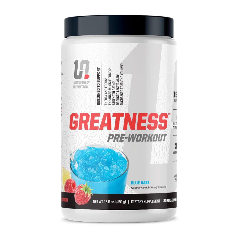 Απροσδιόριστη διατροφή Greatness Pre-Workout από Brian Shaw (30 Services) – 6 g Citrulline Malate & 3,2 g Βήτα Αλανίνη για καλύτερες αντλίες, ενέργεια, εστίαση και δύναμη για άνδρες & γυναίκες (15,9 Oz, Blue Razz)