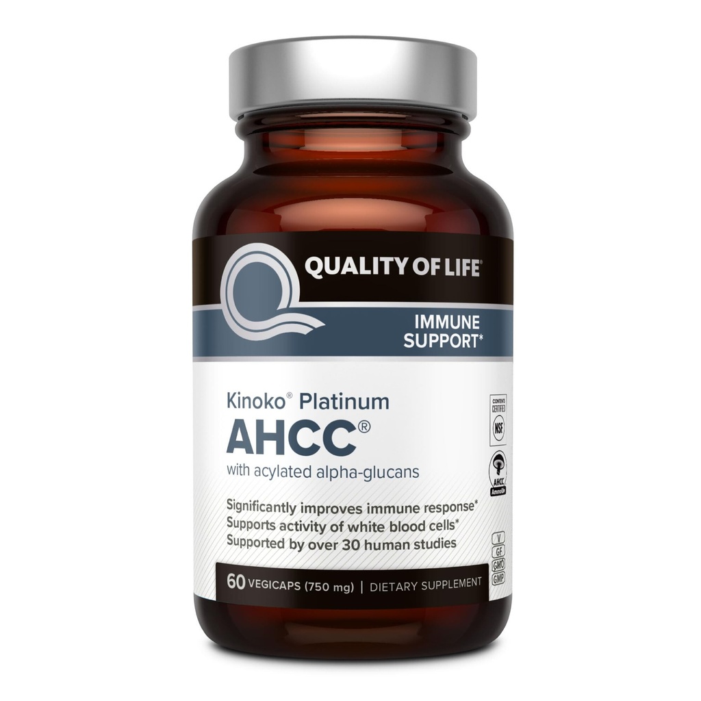 Ποιότητα ζωής Premium Kinoko Platinum AHCC συμπλήρωμα βοτάνων, 750mg ανά καψάκιο, για την ανοσοποιητική υποστήριξη, λειτουργία του ήπατος, Διατηρεί τη φυσική δραστηριότητα των κυττάρων Killer, πακέτο των 1, 60 κάψουλες λαχανικά