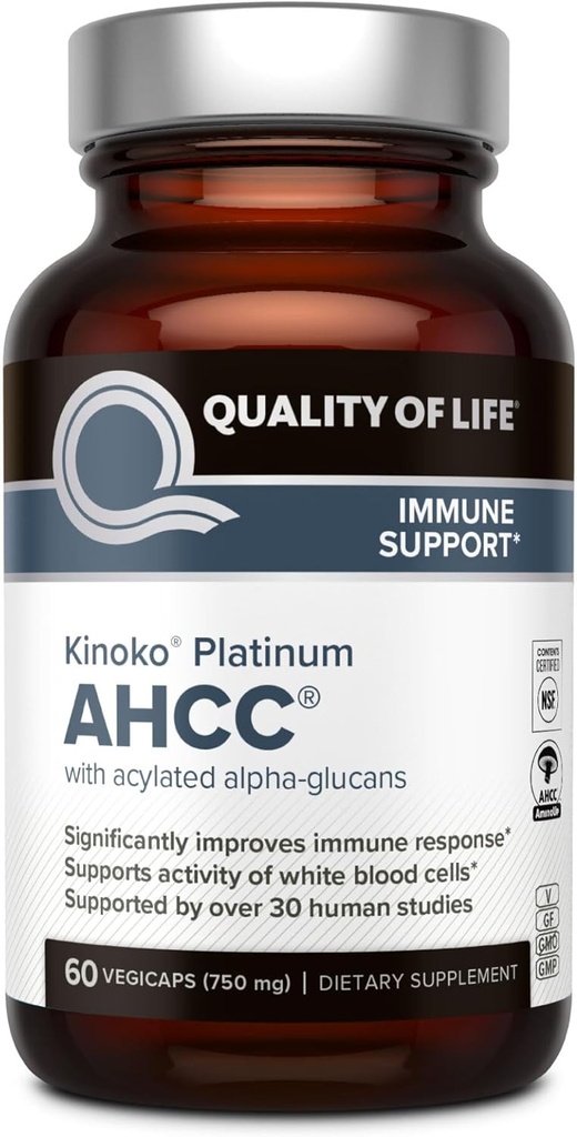 Ποιότητα ζωής Premium Kinoko Platinum AHCC συμπλήρωμα βοτάνων, 750mg ανά καψάκιο, για την ανοσοποιητική υποστήριξη, λειτουργία του ήπατος, Διατηρεί τη φυσική δραστηριότητα των κυττάρων Killer, πακέτο των 1, 60 κάψουλες λαχανικά