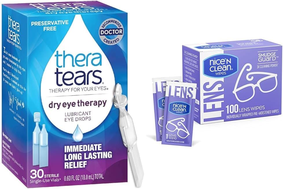 TheraTears Dry Eye Therapy Lubricant Eye Drops, Preservative Free, 30 Vials & Nice 'N Clean SmudgeGuard Lens Cleaning Wipes, 100 Wipes