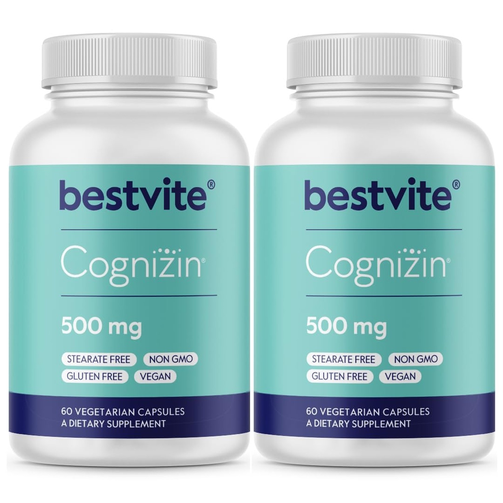 BESTVITE Cognizin Citicoline 500mg (120 κάψουλες χορτοφαγικής) (60x2) - Κλινικά Σπουδές Premium Nootropic Choline - Όχι Stearates - Vegan - Χωρίς γλουτένη - Συμπληρώματα εγκεφάλου για τη μνήμη και την εστίαση