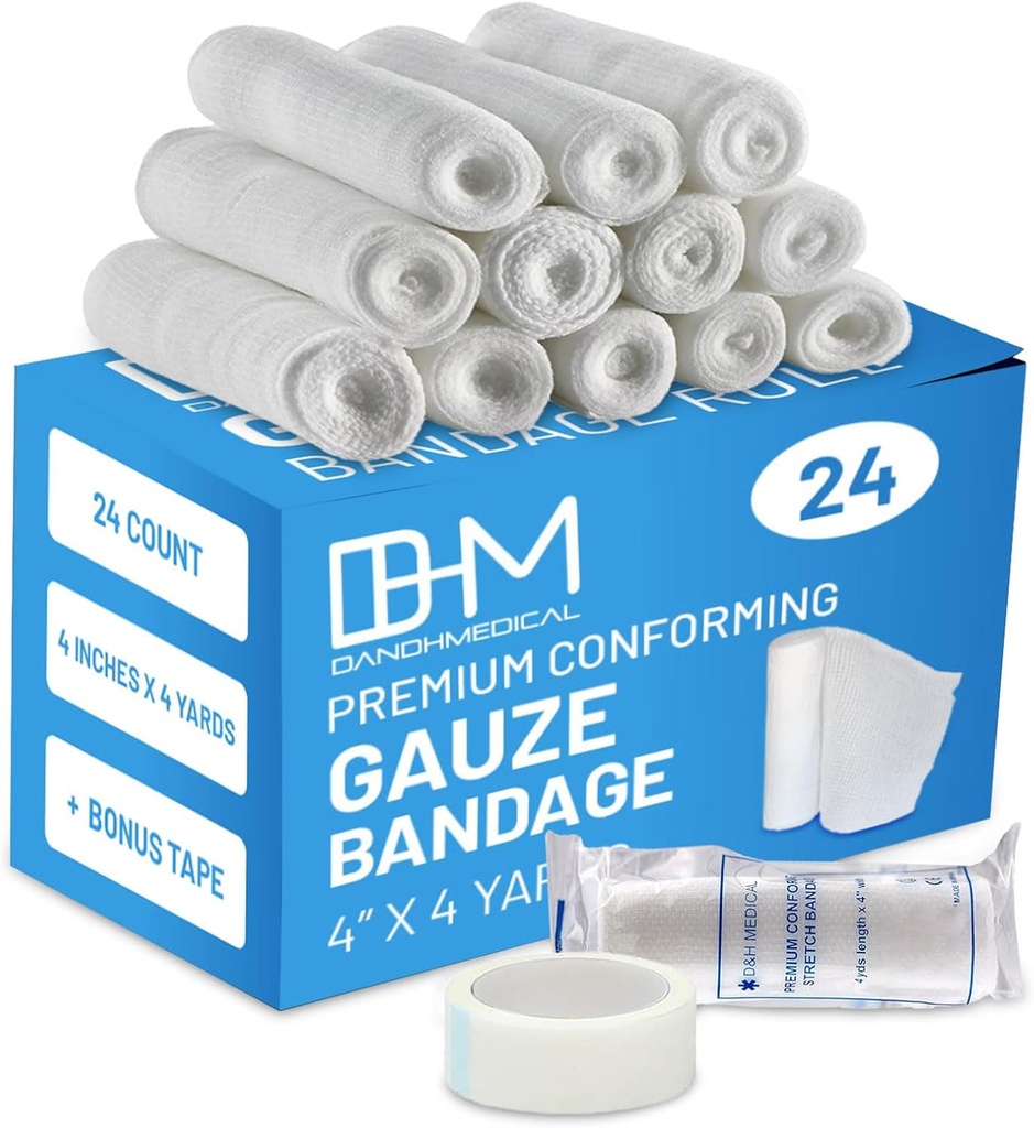 D&H Medical Pack of 24 Gauze Bandage Roll 4 Inches x 4 Yards - Ιατρικό περιτύλιγμα Gauze για την φροντίδα των πληγών - Εύκολο στη χρήση Κότον Gauze Rolls για το χέρι Wrap Dressing Ankles & Knees