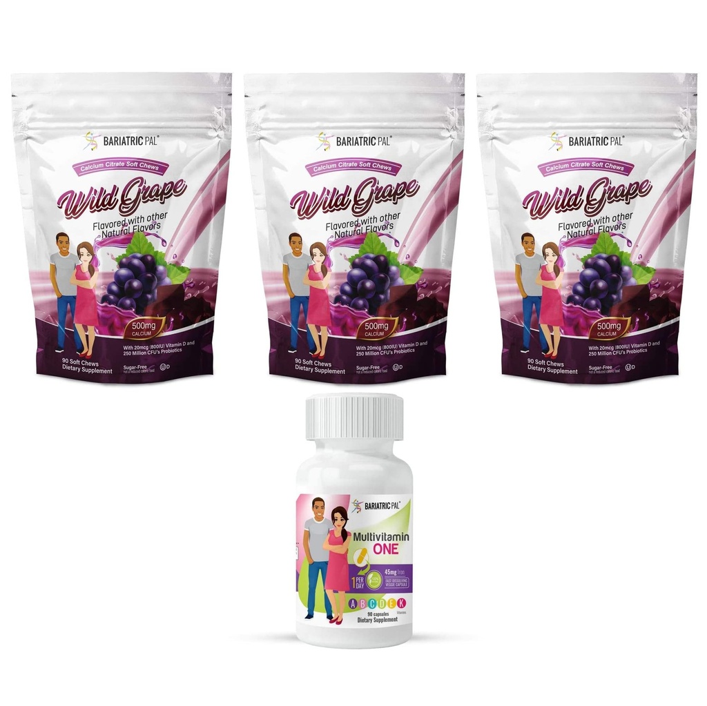 BariatricPal 90-Day Bariatric Vitamin Bundle (Πολυβιταμίνη 1 ανά ημέρα! Καψάκιο με 45 mg Σιδήρου και ασβεστίου κιτρικό μαλακά μάσημα 500mg με προβιοτικά - Wild Grape)