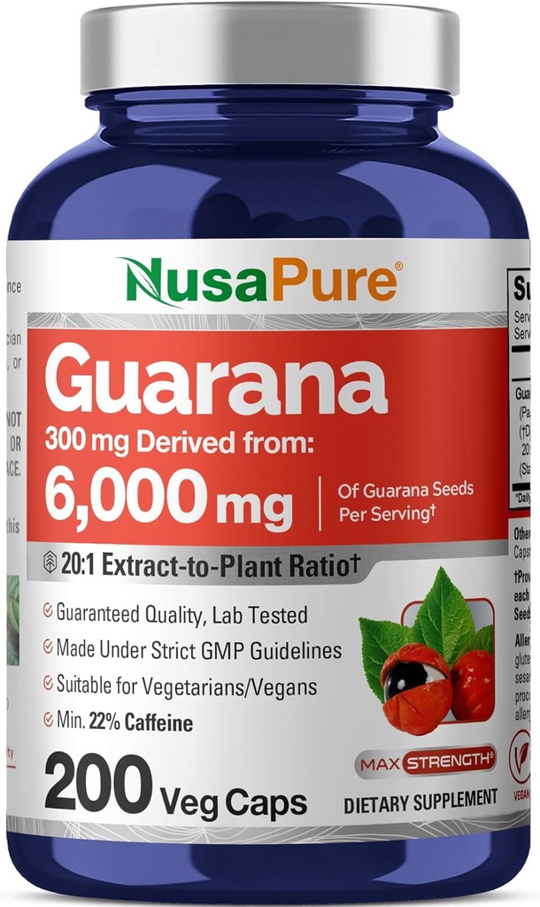 NusaPure Guarana Extract 20:1 Extract, 300 mg Ισοδύναμο με 6.000 mg ανά Veggie Caps 200 Count (Non-GMO, Vegan)