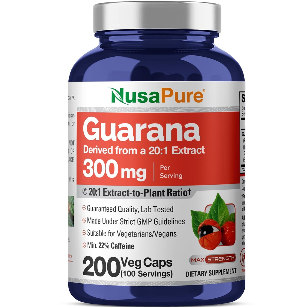 NusaPure Guarana Extract 20:1 Extract, 300 mg Ισοδύναμο με 6.000 mg ανά Veggie Caps 200 Count (Non-GMO, Vegan)